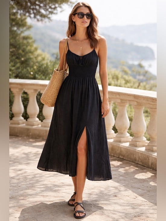 Wilfred Dresses & Skirts - Wilfred Aritzia Women’s Black Linen Midi Dress Sz XS Smocked Waist Quiet Luxury